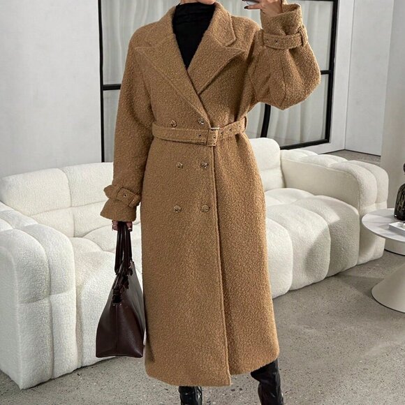 Khaki Casual Women's Teddy Fleece Oversized Trench Coat - Picture 4 of 7